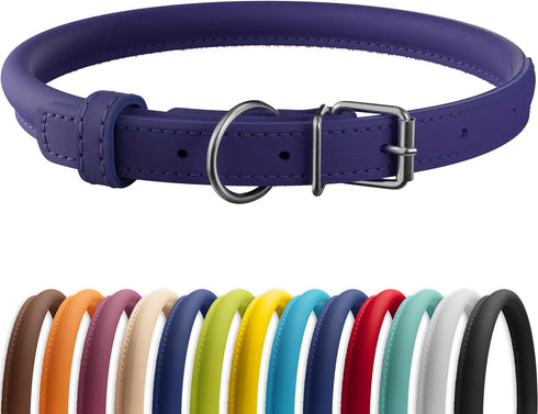 CollarDirect Rolled Leather Dog Collar, Soft Padded Round Handmade Genuine Leather, 13 Colors, 13-16 Inch, Purple Smooth