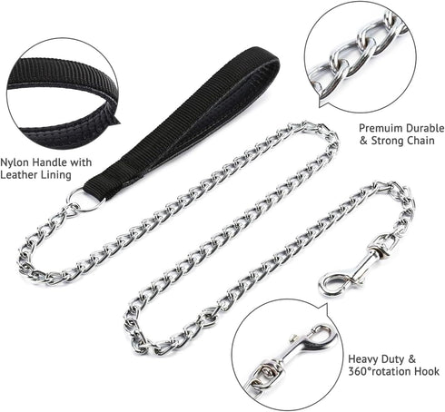 Chain Leash Metal Dog Leash, Chrome Plated with Soft Padded Handle for Small Dogs (S, Black Handle)
