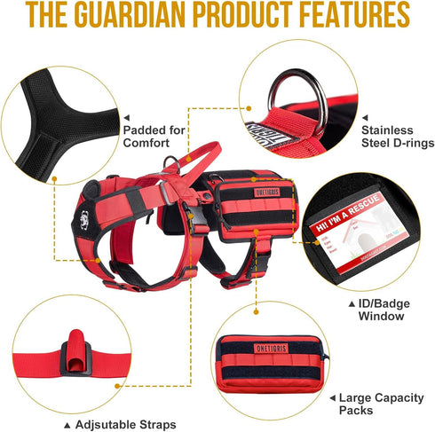 OneTigris Service Dog Vest Harness, Red, Large, Molle Backpack with Pouches for Medium & Large Dogs