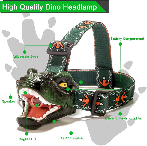 4 Dinosaur Kids Headlamp, T-Rex Dinosaur Led Headlamp Flashlight, Dinosaur Toy Headlamp Flashlight with Lighting Mode