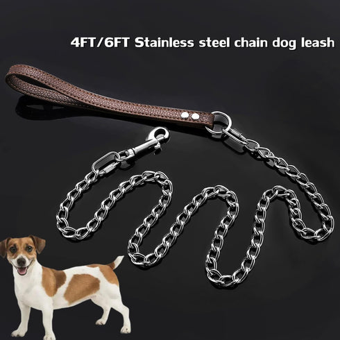 Heavy Duty Dog Chain Leash 4FT/6FT, Chew Proof Stainless Steel Link Leash for Large Medium Dogs, Adjustable Long/Short