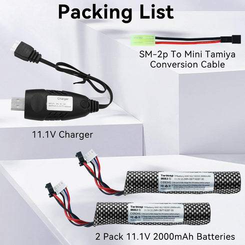 Tosiicop 11.1v 11.1 2000mAh SM-2P 2 Battery Gel Blaster - Airsoft Batteries Volt with Charger and Mini Tamiya Connector