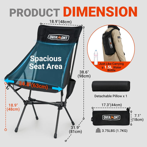 440LBS Backpacking Overmont Portable High-Back Camping Chair - Support Oversized Lightweight Folding Chair for Adults