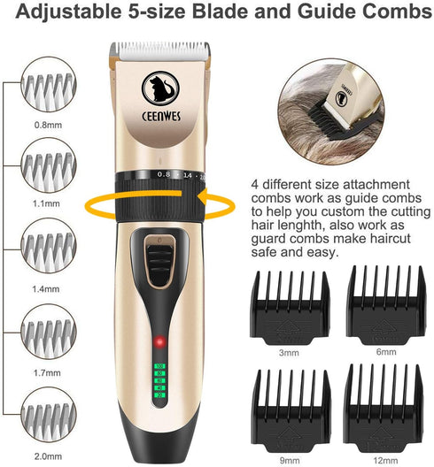 Power Display Dog Clippers, Cordless Dog Grooming Kit, Professional Horse Clippers with 4 Comb Guides