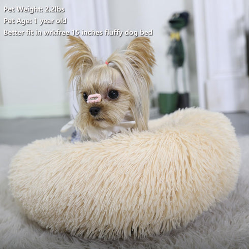 Tiny Dog Bed - Extra Small Washable 15 inches Beige Donut Soft Bed, Calming Anti-Anxiety Round for Pets up to 5 lbs