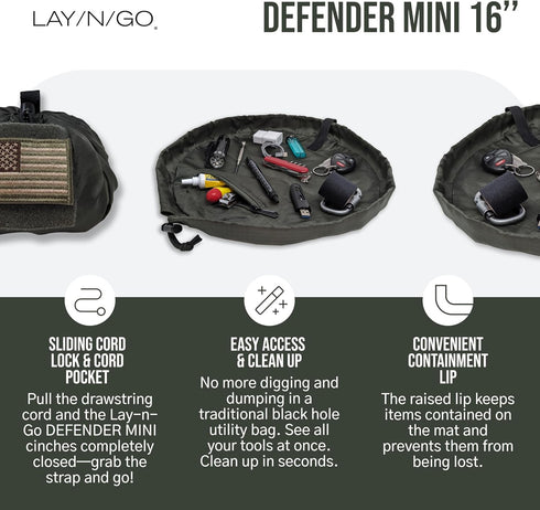 Lay-n-Go Defender Mini Gear Accessory Storage Bag with Pockets for Travel, Military, 16 inch, Green