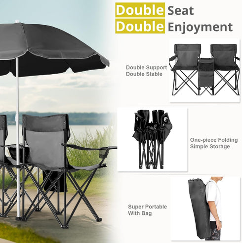 UDeuxff Folding Double Camping Chair w/Umbrella Beverage Holder Carrying Bag Cooler Fold Up Table, Large Bearing