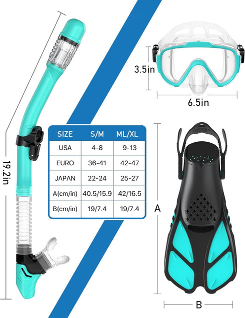Snorkeling Gear for Adults, 4 in 2 Snorkel Set with Panoramic View Diving Mask, Anti-Fog, Dry Top Snorkel, Fins