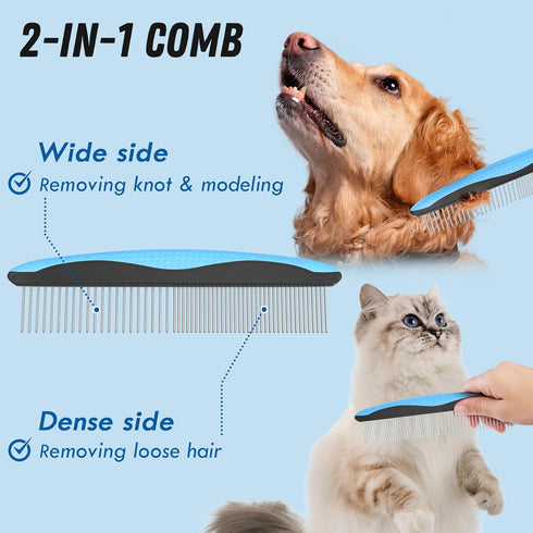 Pet Grooming Brush and Metal Comb Combo, Undercoat Rake for Dogs Grooming, Dematting Tool for Long Haired Pets (Blue)