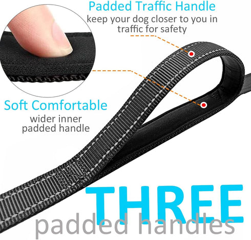 3 Handle Dog Leash, 10FT Triple Handle Dog Leash Reflective Stitching, Three Padded Traffic Handles, Heavy Duty Dog Leash, Training Dog Lead for Control and Safety (Black)