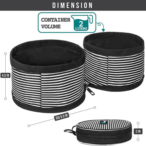 PetAmi Collapsible Dog Food Water Bowls, 2 Travel Bowls Kit, Portable Pet Dish No Spill, Foldable Lightweight BPA Free Leakproof, Camping Hunting Hiking Walking Outdoor Gear Accessories, Stripe Black