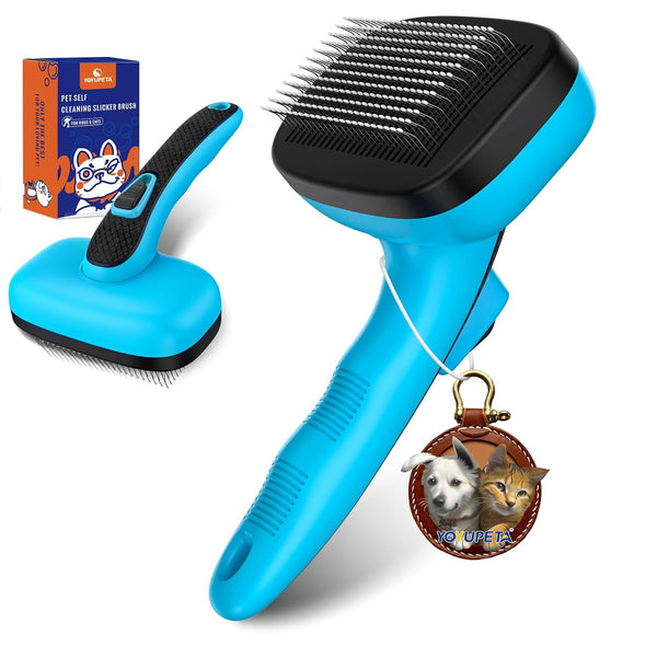 Dog Self Cleaning Slicker Brush for Shedding, Ideal for Short Long Haired Dogs, Removes Loose Fur, Blue