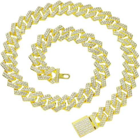 Gold Chain Dog Collar, Bling Diamond Cuban Link, Rhinestone Glitter Necklace for Small Medium Large Dogs Cats, 10-Inch
