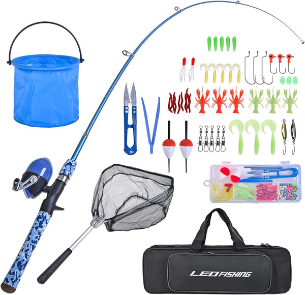 LEOFISHING Kids Fishing Pole Set, Portable Telescopic Rod, Spincast Reel, Fishing Net, Bucket for Youth