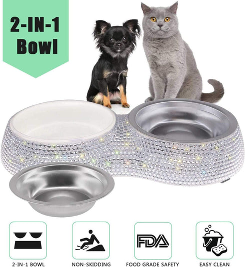 SAVORI Small Dog Bowls - Handmade Bling Rhinestones Stainless Steel Double Food Water Feeder for Cats and Dogs (Silver,