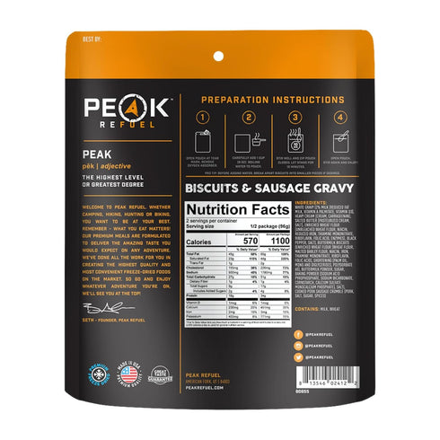 Peak Refuel Biscuits and Gravy, Premium Freeze Dried Camping Food, 2 Serving Pouch, Just Add Water, 34g Protein, Real