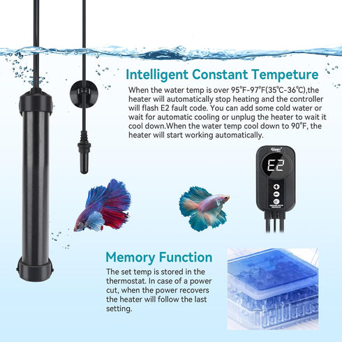 hygger Marine Aquarium Heater - 50W 100W 200W 300W 500W - Titanium Heater with Digital LED Controller