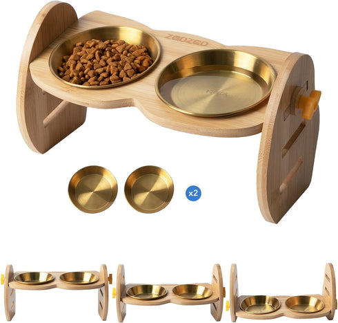 Elevated Cat Bowls, 15° Tilted Raised Bowl Stand with Two Stainless Steel Bowls, Water Feeder Set for Small Dogs