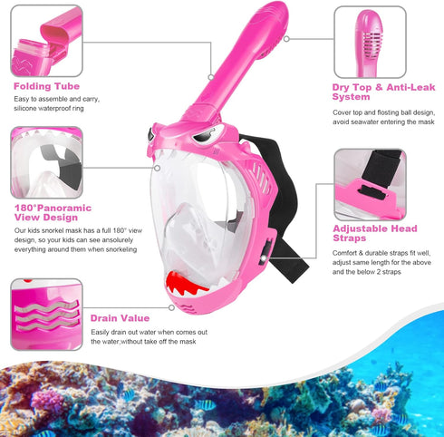 Full Face Snorkel Mask for Kids, 180 Degree Panoramic View, Safe Anti-Leak Anti-Fog, Foldable Dry Top Snorkeling Gear