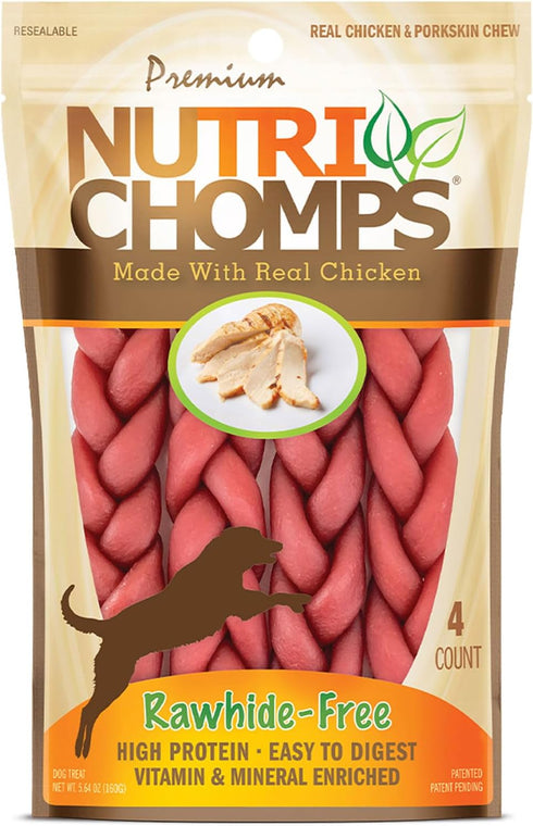 NutriChomps Dog Chews, 6-inch Braids, Rawhide-Free Dog Treats, Healthy, 4 Count, Real Chicken Flavor
