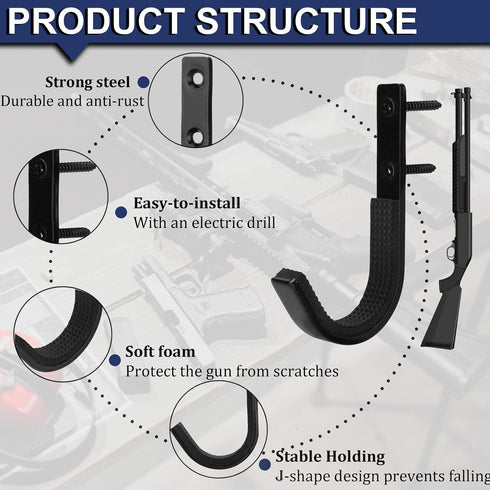 Gun Rack Storage Wall Mount, Horizontal Metal Hangers for Rifles, Shotguns, and Archery Bow