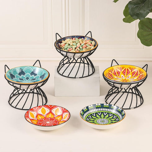 Metal Stand for Cat Bowls, Raised Cat Bowl Holder with Anti-Slip Sleeves, Black Iron Anti Vomiting Stand