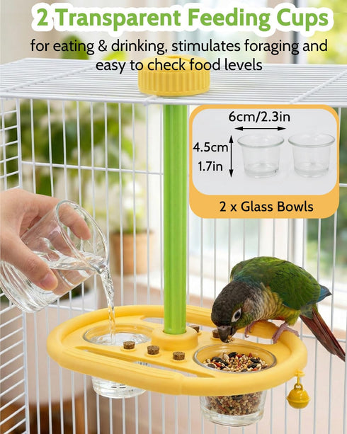 TriGia Paws 2 360 Bird Spinning Toy with Feeding Cups, Rotating Bird Toys for Parrots with Bells & Cork for Boredom