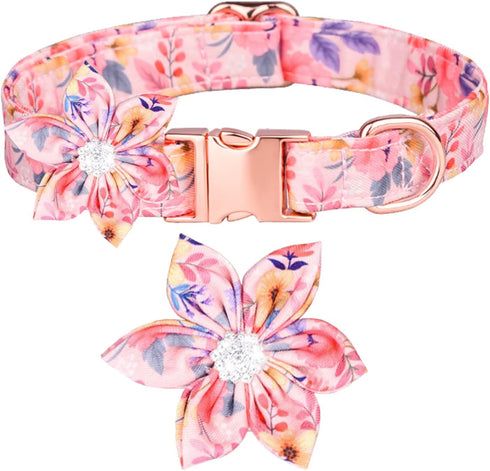 Girl Dog Collar with Detachable Flower, Adjustable Floral Pattern Soft Cotton Collars for Small to Large Dogs