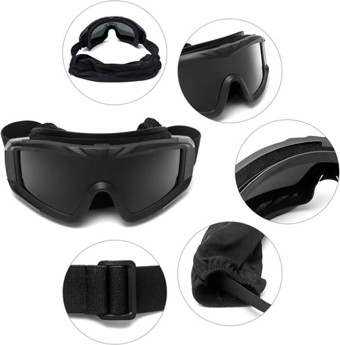 QWORK Military Airsoft Tactical Goggles with 3 Interchangeable Lens for Outdoor Riding, Black