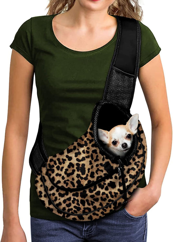 FUSURIRE Leopard Animal Print Pet Carrier Sling for Small Dogs Cats Hands Free