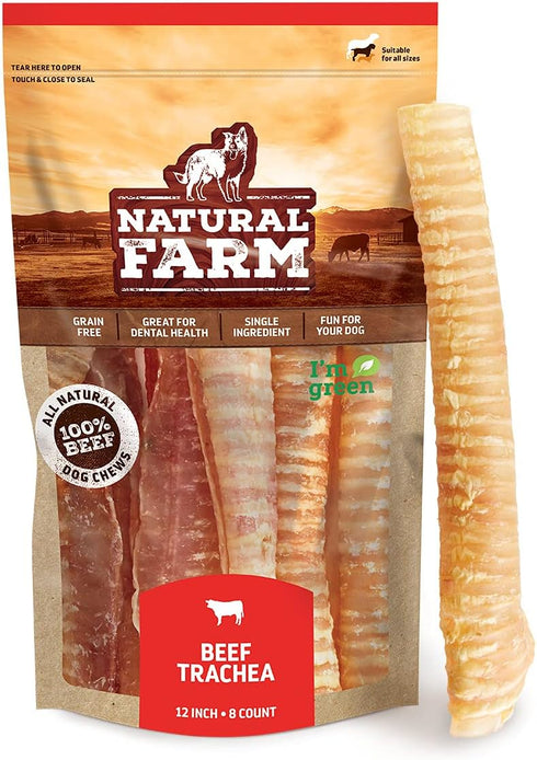 Natural Farm Beef Trachea (12 Inch, 8 Pack), 100% Beef Chews for Joint & Hip Mobility, Low Fat Crunchy Treats