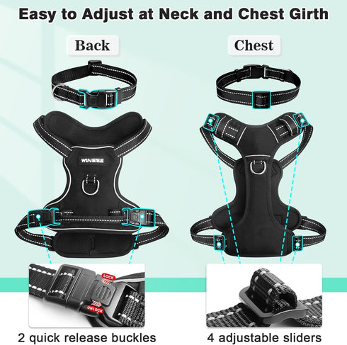 WINSEE Dog Harness No Pull with Collar, Adjustable Reflective Oxford Vest, Front/Back Leash Clips for All Dog Sizes
