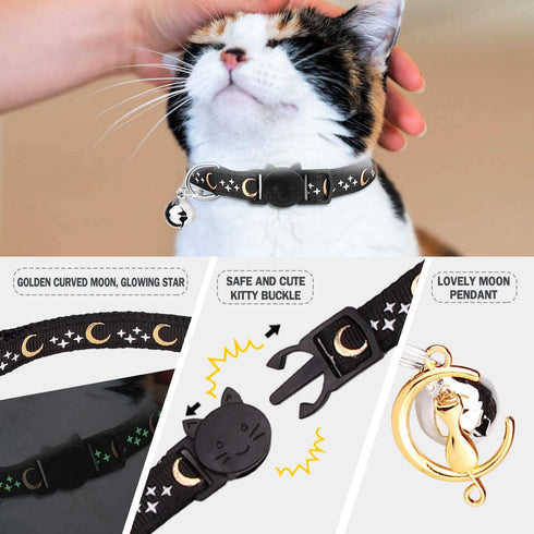 2 PCS Breakaway Cat Collar with Bow Tie and Bell, Golden Moon Glowing Star in The Dark for Kitten (Black & Purple)