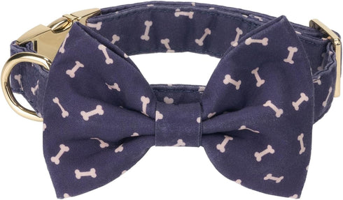 Adjustable Pet Bow Tie and Dog Collar for Small Medium Large Dogs, Puppy Collar with Bowtie, Cute Bow and Dog Collars - Comfortable, Soft, and Durable (Large, Navy Dog Bone)