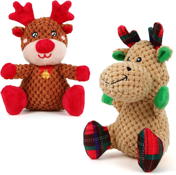 2 Pack Christmas Squeaky Plush Dog Toys for Small Medium Dogs, Durable Stuffed Toys Include Cute Elk