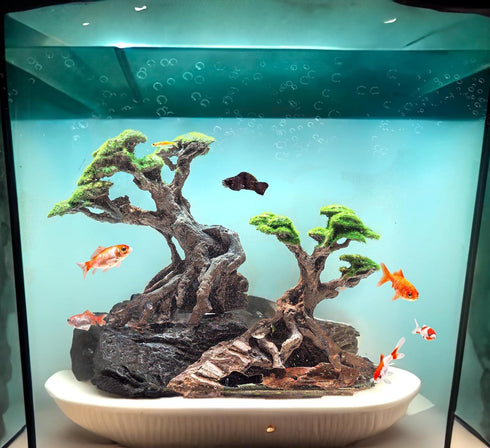 Novelsite Fish Tank Decor - Bonsai Trees with Faux Moss, Aquarium Rocks Aquascaping, Sandstone Goldfish Betta Hides