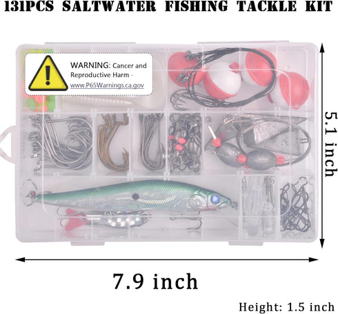Saltwater Fishing Gear, 131pcs Surf Fishing Tackle Kit with Lures, Rigs, Sinker, Hooks, Accessories