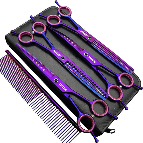 Professional Dog Grooming Scissors Set 7.0 inches - Straight, Thinning, Curved, Chunkers & Comb, 5pcs