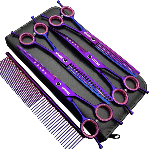 Professional Dog Grooming Scissors Set 7.0 inches - Straight, Thinning, Curved, Chunkers & Comb, 5pcs