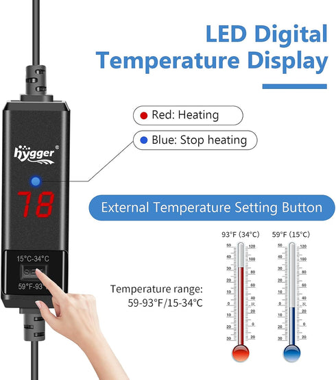 hygger Small Aquarium Betta Heater, Submersible 10W/25W/50W/100W with LED Digital Display for up to 26 Gallon