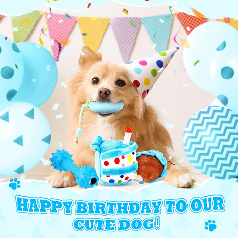 11 Pcs Dog Birthday Toy Set - Puppy Birthday Cake, Squeaky Toys, Plush Toy, Rope Toys, Gift Box (Blue)