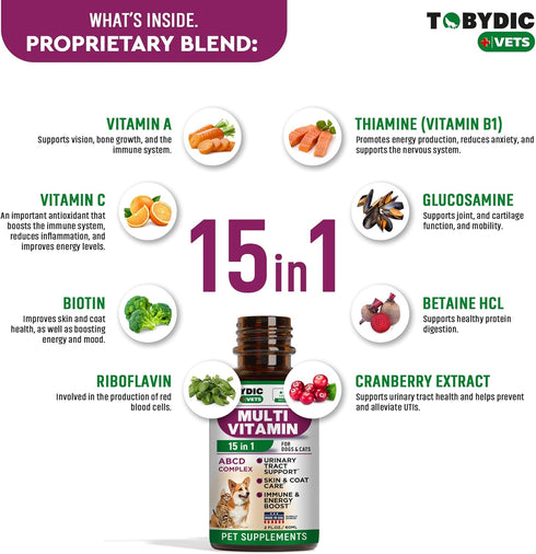 Cat & Dog Multivitamin - 15 in 1 Pet Supplements with Cranberry & Glucosamine, Natural UTI & Joint Support