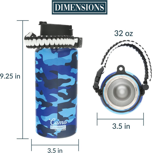 Pavilion Badass 32 oz. Stainless Steel Water Bottle, Reusable Leak Proof BPA-Free Flask, Camouflage Bottle, Blue