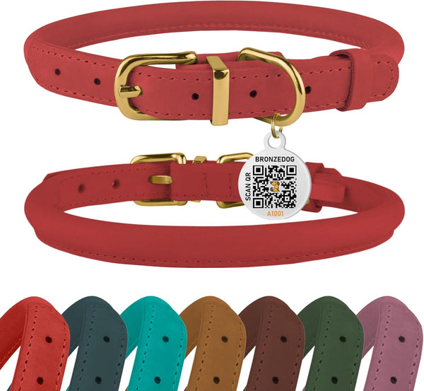 BRONZEDOG Rolled Leather Dog Collar with QR ID Tag, Adjustable Soft Round Collars for Small Medium Large Dogs, Coral