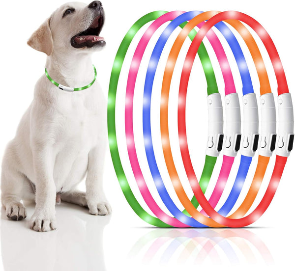 Weewooday 5 Pcs Light Up Dog Collars, Silicone LED Lighted for Night Walking, Rechargeable Glow in The Dark Safety