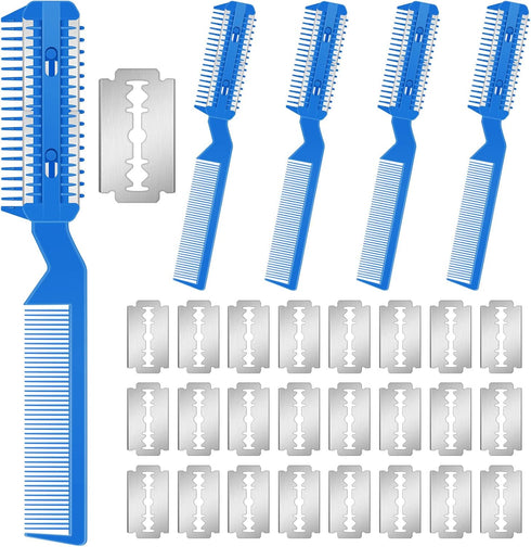 5 Pieces Razor Comb for Dogs, Pet Grooming Trimmer Comb with 25 Extra Blades, Manual Double Edge Razor (Blue)
