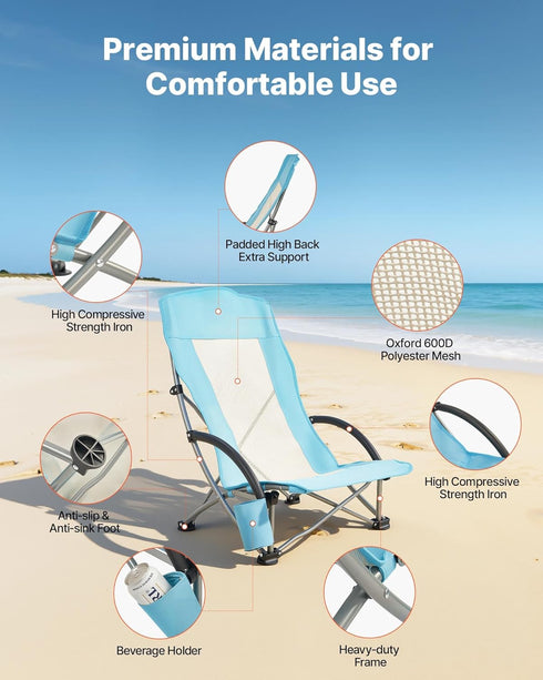 330 lbs VEVOR Folding Beach Chair, High Back Camping Chairs for Adults, with Cup Pocket, Mesh Back, Carry Bag, Portable