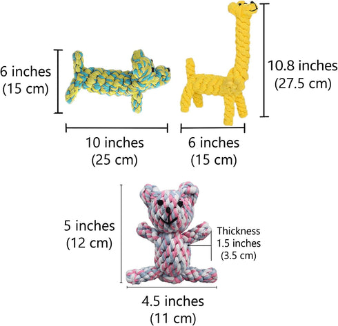 SunGrow Cotton Rope Knot Puppy & Ferret Toys, 3 Pieces, Tough Teething Chewable Teddy Bear, Giraffe, Dog, Multicolor