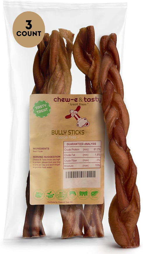 chew-e&tasty 12" Jumbo Braided Bully Sticks Odor Free Long Lasting Beef Chews - High Protein Dental Treats