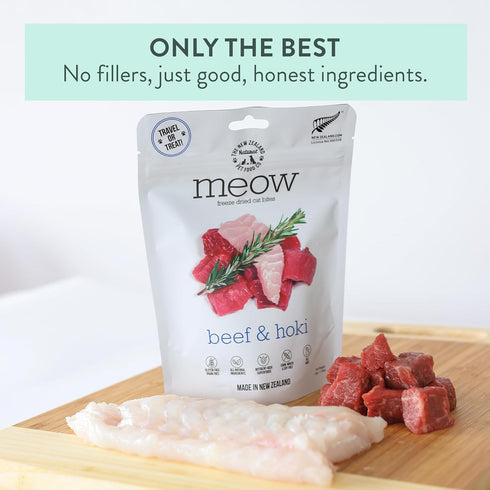Meow Beef & Hoki Freeze Dried Raw Cat Food, High Protein Mixer, Topper, or Treat, Limited Ingredient Recipe (1.7 oz)